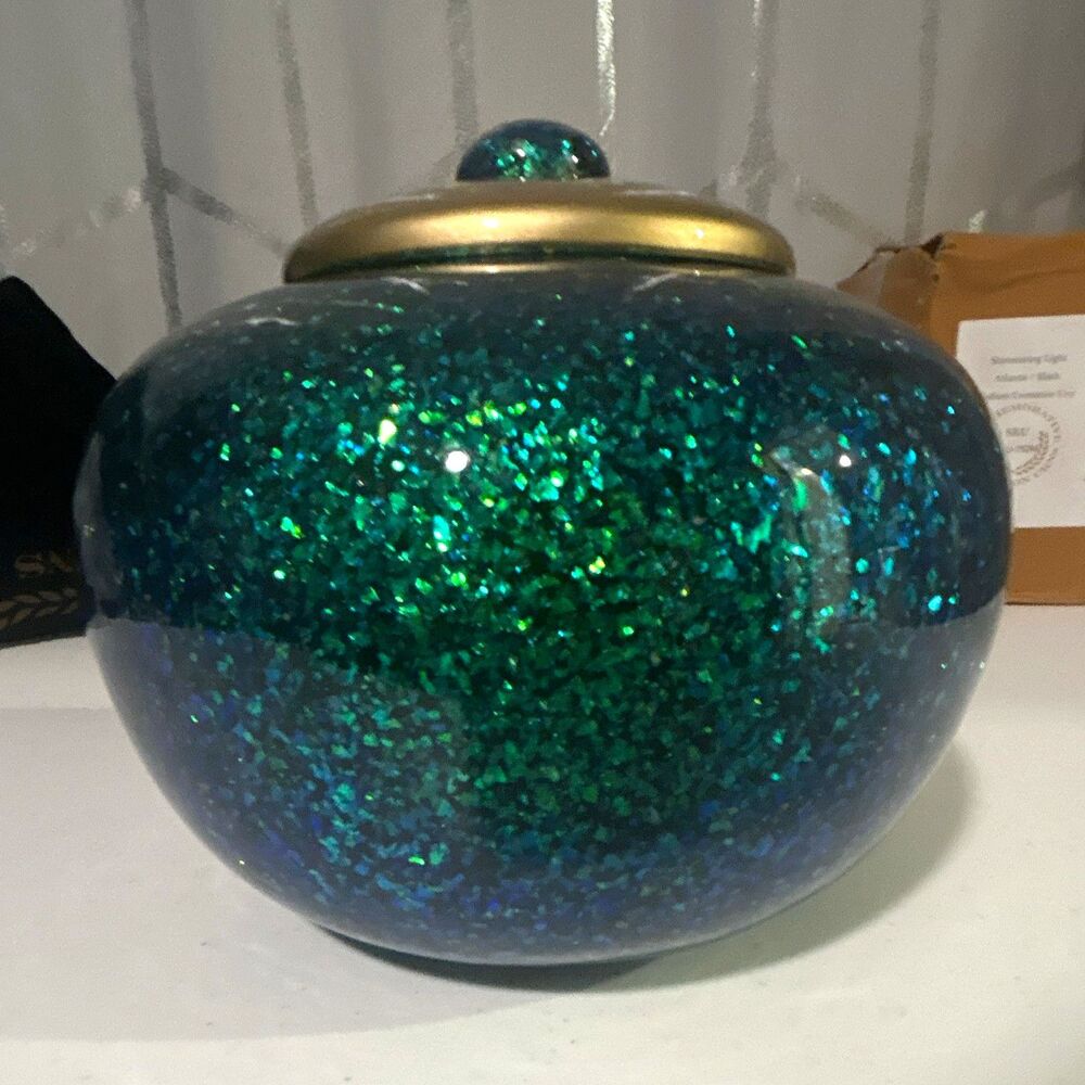 Commemorative Cremations Metal Cremation Urn Shimmer Green/Blue Glitter Gold Lid
